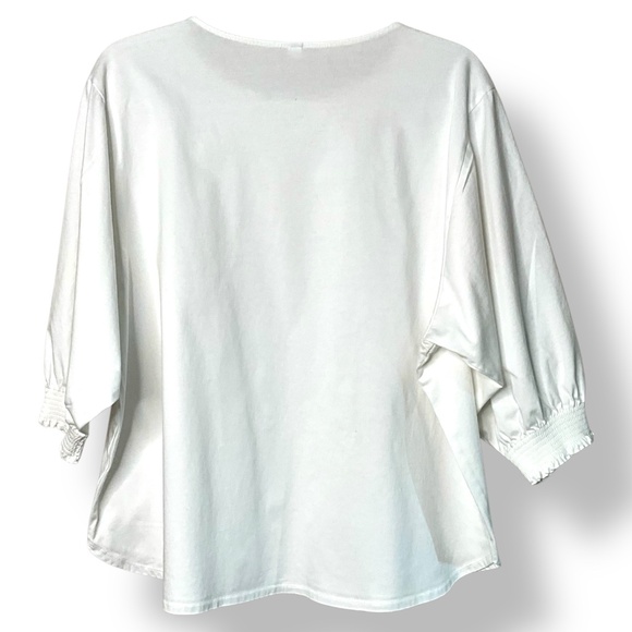 UNIQLO 100% Cotton 3/4 Sleeve Crew Neck Blouse Top Smocked Cuffs US Sz XL - Picture 3 of 7